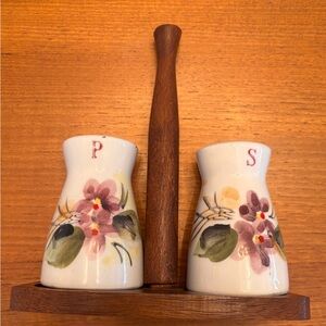 Vintage Floral Ceramic Salt and Pepper Shakers with Wooden Holder